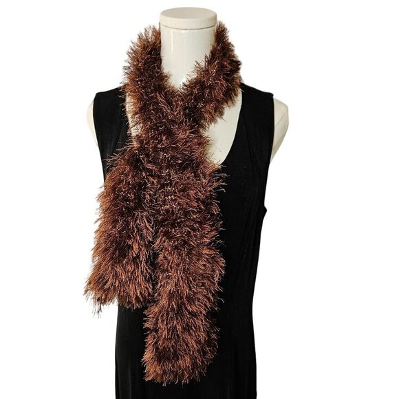 Brown Plush Glitter Eyelash Hand-Knit Scarf Boa Narrow Lightweight - Picture 2 of 9